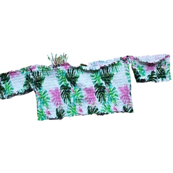 PILYQ Tropical Floral Smocked Off Shoulder Reversible Bikini Top NWT Cup Size D - Picture 6 of 16